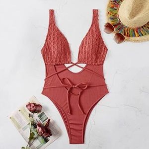 Shein coral ribbed one piece swimsuit size L